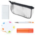 A collection of stationery items including a white notepad, a grey pencil case, a pen, colorful sticky notes, and an orange highlighter.