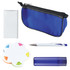 A blue pencil case containing a pen, a set of sticky notes in a flower shape, and a blue highlighter.