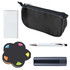 A black zippered pouch containing sticky notes in various colors, a silver pen, and a dark-colored lip balm tube.