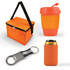 A cooler bag in vibrant orange, a matching insulated drink cup with a lid, a metallic bottle opener, and a can cooler.