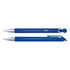 Two blue plastic pens with silver accents, one featuring a retractable click mechanism and the other a cap design.