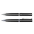 A pair of black metallic pens, featuring sleek designs and a glossy finish, displayed against a white background.