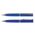 A blue metallic pen set with silver accents, featuring two styles of pens, both with logos.