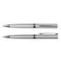 A silver metallic pen set featuring two styles, with sleek designs and chrome accents, includes a logo.