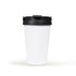 A drink bottle featuring a white body with a black lid, complete with a logo. Ideal for travel or outdoor use.