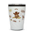 A reusable coffee cup in white featuring a cowboy graphic and a dark lid, with various decorative elements.