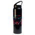 A drink bottle with a black finish, featuring a flip straw lid and colorful abstract design. It has a logo.