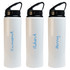 A drink bottle featuring a white body and a black flip straw lid, with names printed in blue on the side.