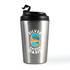 A stainless steel coffee cup with a black lid and a colorful logo featuring a beach scene.