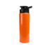 A drink bottle in vibrant orange with a black free flow lid. It has a sleek, modern design and a branded logo.