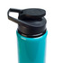 A drink bottle in bright turquoise with a black free flow lid and a handle for easy carrying.