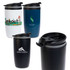 A collection of reusable coffee cups in white, navy blue, and black, featuring various logos and designs.
