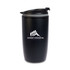 A reusable coffee cup in matte black featuring a secure lid and the logo of Summit Financial Consulting.