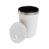A reusable coffee cup in white with a black interior and a stainless steel rim, featuring a matching lid.
