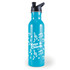 A drink bottle in turquoise featuring a black flip-top lid and a white musical notes design with branding.