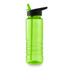 A drink bottle in vibrant green, featuring a black lid and a built-in straw. It has a ribbed design.