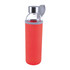 A drink bottle with a clear glass body and a red neoprene sleeve, featuring a silver lid and a carry loop.