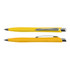 A yellow plastic pen with a silver clip, featuring a sleek design and a glossy finish.