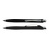 A black plastic pen with a sleek design and a silver clip, featuring a smooth writing tip.