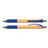 A bamboo pen with a blue grip and blue accents, featuring a silver clip and tip. It has a sleek, eco-friendly design.
