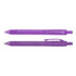 A purple plastic pen made from recycled PET bottles, featuring a click mechanism and logo.