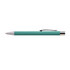 A metal pen in teal color with a silver clip and tip, designed for writing.