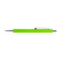 A green aluminium pen with a shiny silver clip and tip, featuring a logo on its barrel.
