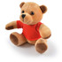 A plush teddy bear in a red shirt, featuring brown fur and black eyes, sitting upright against a white background.