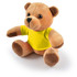 A plush teddy bear with a soft brown fur and a yellow shirt, featuring round eyes and sitting in an upright position.