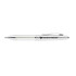 A silver metal pen with a textured grip and a clip, featuring a logo.