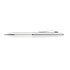 A metal pen in silver and white with a textured grip and a clip. Features branding on the side.