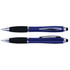 A blue pen and stylus with a black grip and silver accents. The stylus tip is on one end.