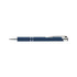A metal pen in navy blue with silver accents and a clip, featuring a logo.