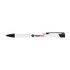 A black and white metal pen featuring a clip and a logo. It is designed for writing purposes.