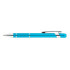 A metal pen in bright blue with silver accents and a clip, featuring a logo.