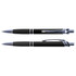 A metal pen in black with chrome accents and a textured grip, featuring a logo on the side.