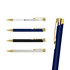 A set of metal pens in navy, black, and white, featuring gold accents and a branding logo.