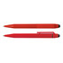 A red pen and stylus combination with a smooth design and a clip, featuring a rounded tip for touch screens.