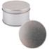 A silver round tin with a fitted lid, showcasing a smooth metallic finish.