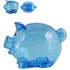 A blue pig-shaped coin bank in two sizes, with a round, transparent design and cartoonish features.