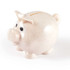 A small pig-shaped eco coin bank with a light speckled finish and oversized cartoonish eyes.