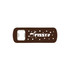 A drink bottle opener featuring a brown design with white text and a logo, designed for easy bottle opening.