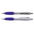 A collection of two metal pens with silver bodies and purple grips, featuring a logo on one pen.