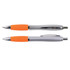 A pair of Concorde pens featuring a silver barrel and bright orange rubber grip sections.