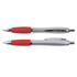 A metal pen set featuring a silver body and red accents, with one pen capped and the other with a clip.