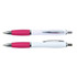 A white barrel pen with pink grips and chrome accents, featuring a logo on the barrel.
