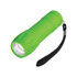 A green flashlight with a textured grip and a black wrist strap.