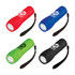 A set of four handheld flashlights in red, blue, green, and black, each featuring a wrist strap and a logo on the side.