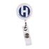 A retractable badge holder in white with a circular top featuring a logo and a clear strap for attachment.