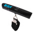 A black digital luggage scale with a blue display and a strap for weighing luggage up to 50 kg.